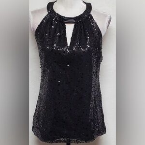 Tahari Sequin Sleeveless Halter Top L Black Evening Wear Formal Glam Date